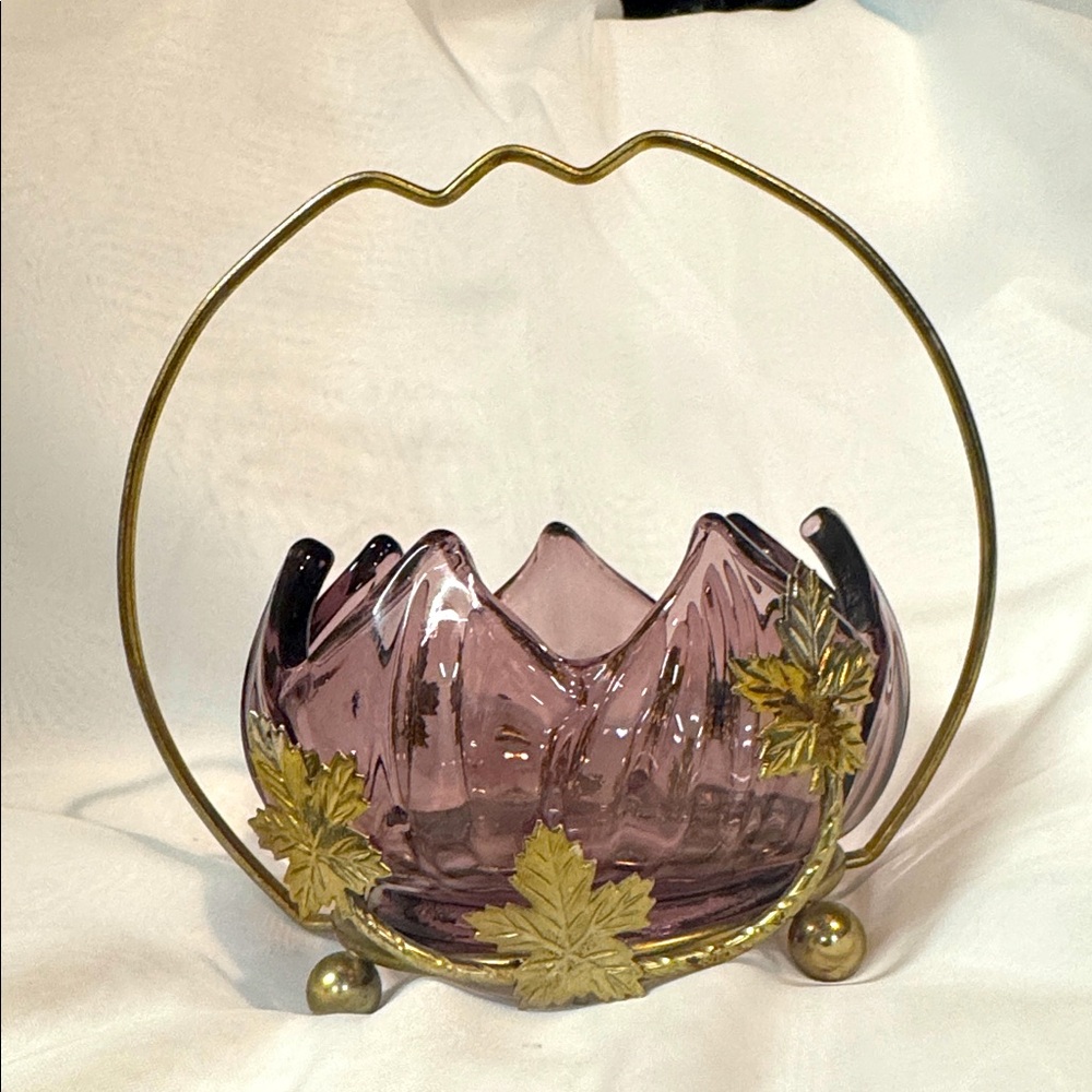 Art Nouveau Sugar Bowl with Handle & Purple Glass Insert